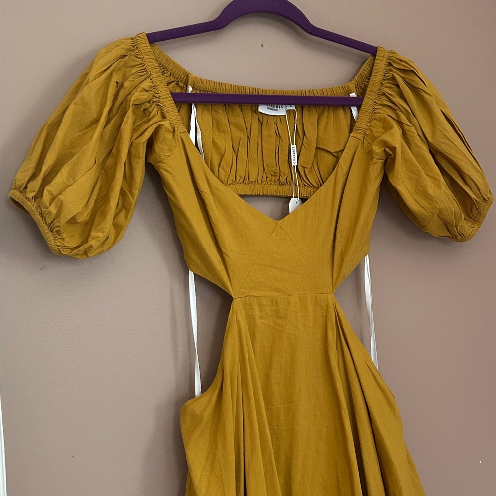 NWT Chakeris Charleston Yellow Flowy Cut out Maxi Dress Off the Shoulder Size S - Picture 8 of 15